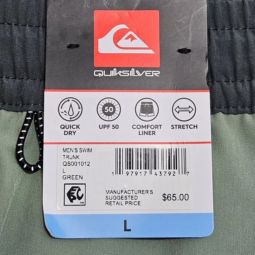 Quiksilver NWT Swim Trunks Mens Large Green Grey Quick Dry Stretch UPF 50
